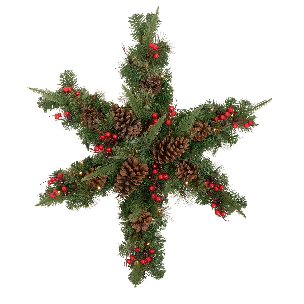 Northlight Pre-Lit Battery Operated Mixed Pine and Berries Christmas Snowflake Wreath - 32" - Warm White LED Lights